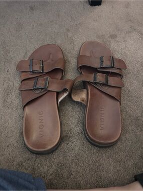 Vionic Brown Leather Double-Buckle Slide Sandals